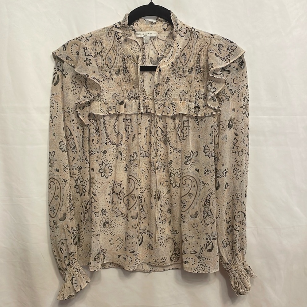Ruffled Paisley Print Long-Sleeve Blouse - Cream
